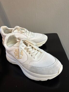 Tory Burch Cream & White Platform Mesh Suede Sneakers
